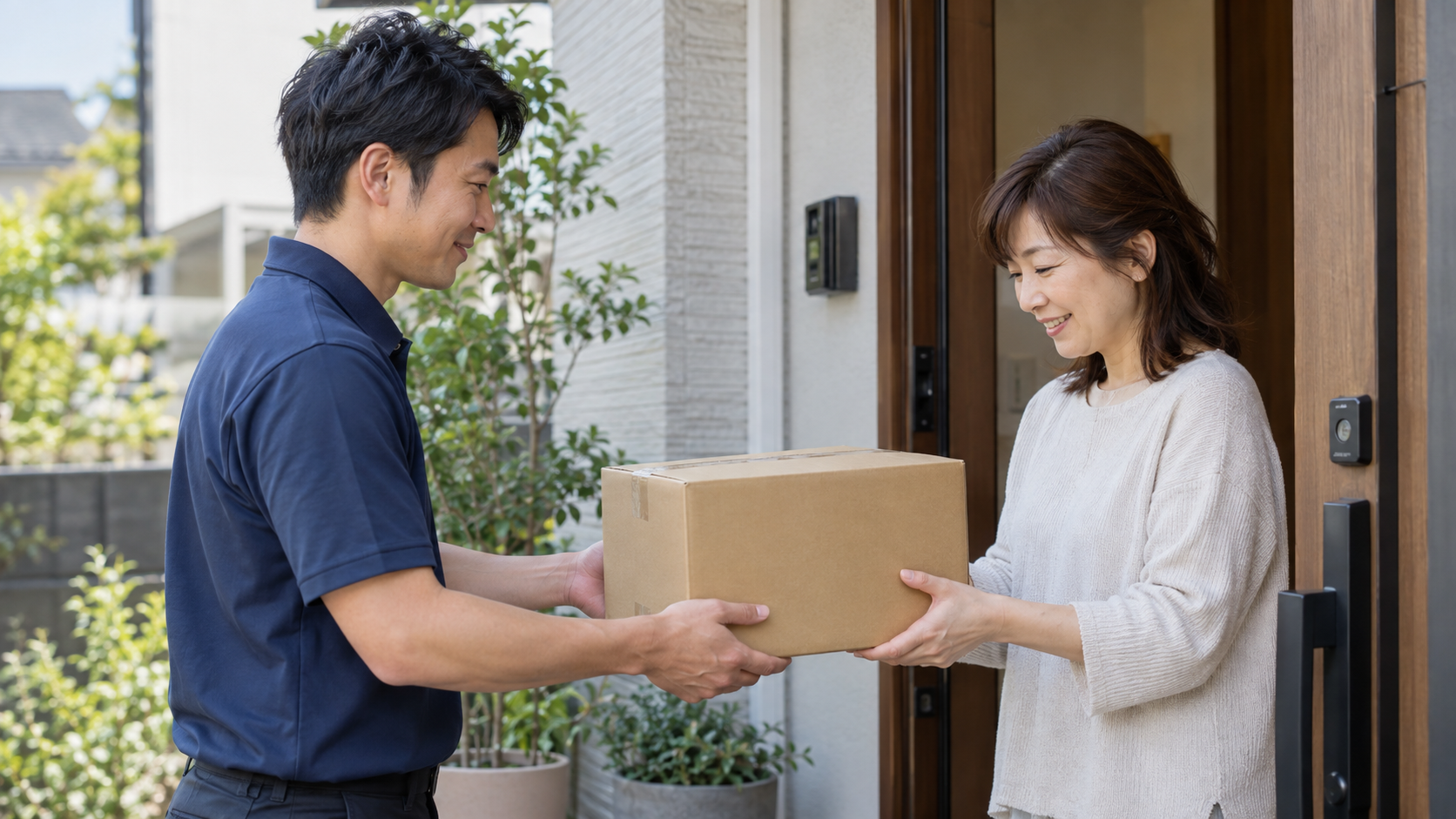 玄関先で荷物を手渡す配送スタッフ