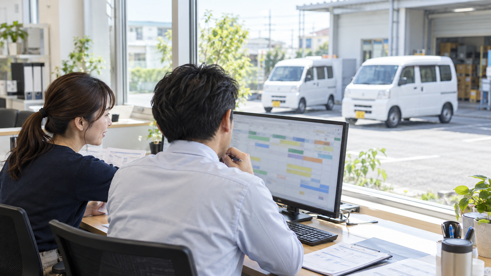 配送拠点で配車計画を確認するスタッフ
