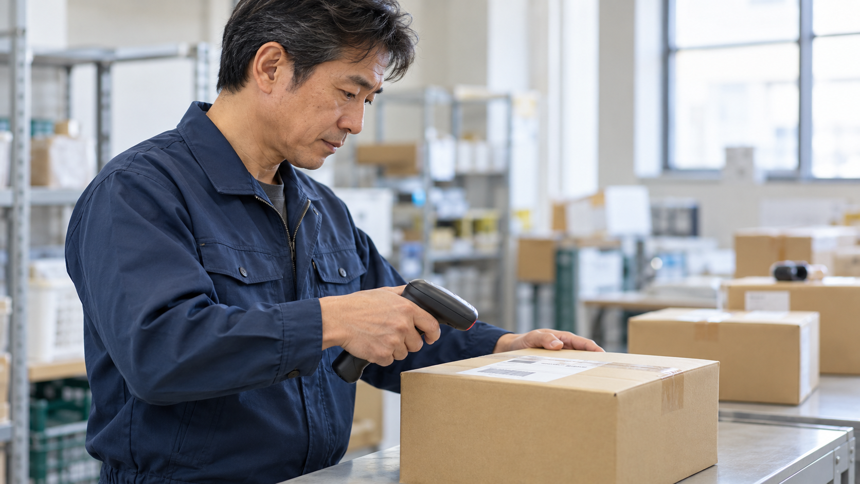 配送する荷物のバーコードを確認するスタッフ