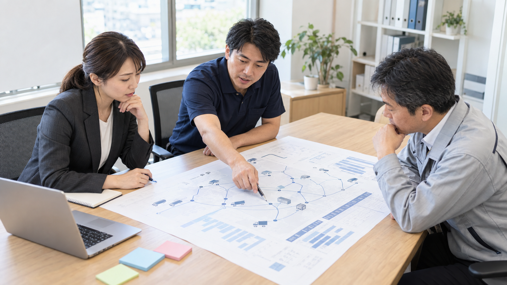 資料を広げて輸送計画を打ち合わせる担当者たち