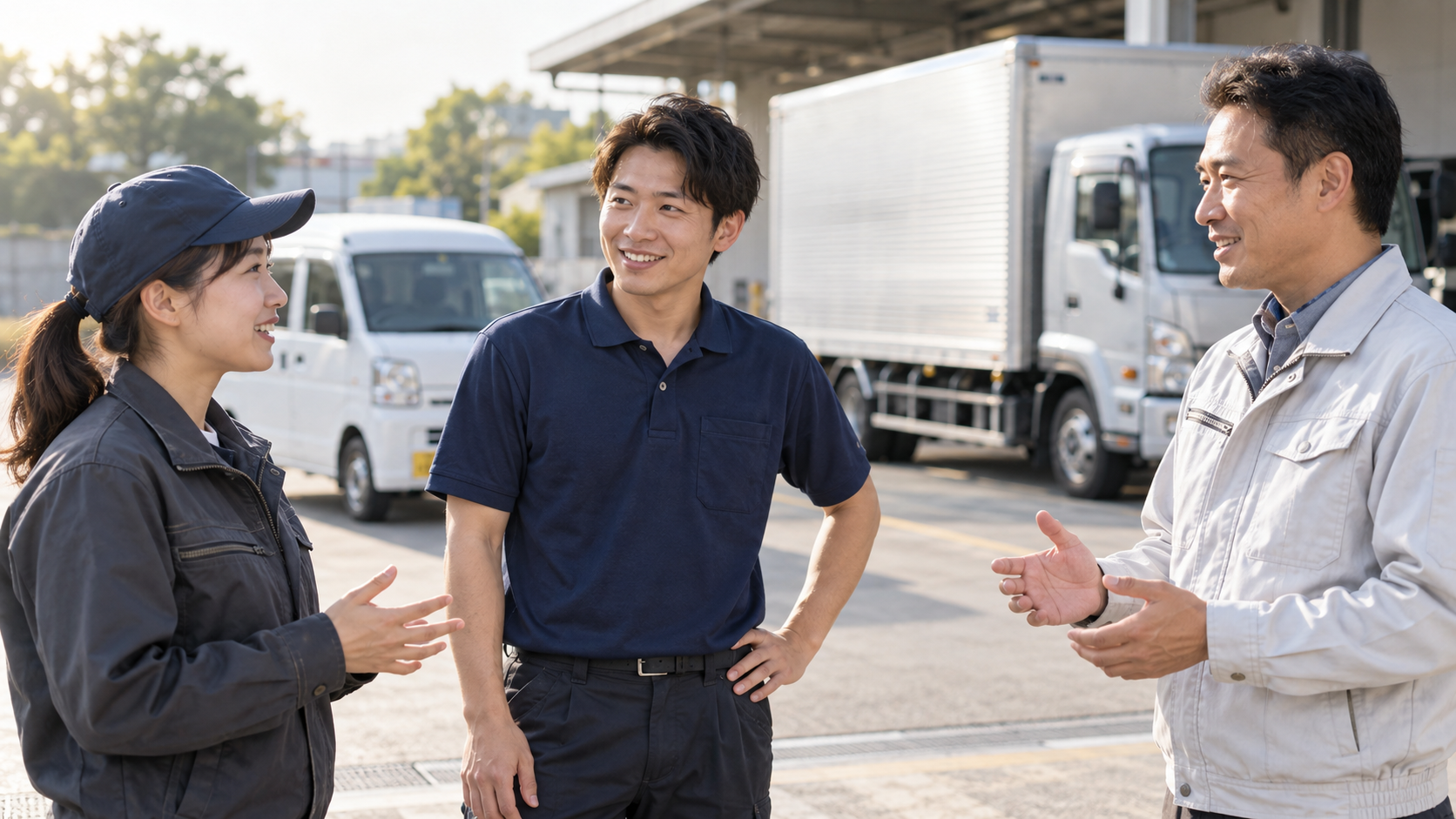 車両の前で配送について打ち合わせるスタッフたち